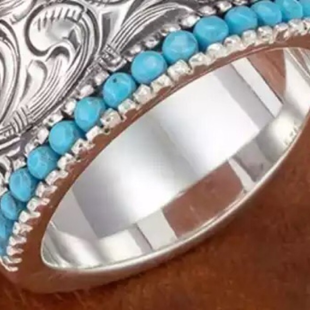 Turquoise Beaded Etched Silver Etched Boho Ring - Picture 4 of 5